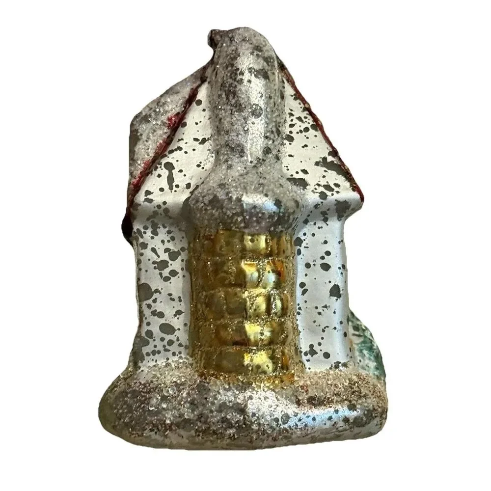 Vintage House Christmas Ornament Glass Glittered 4